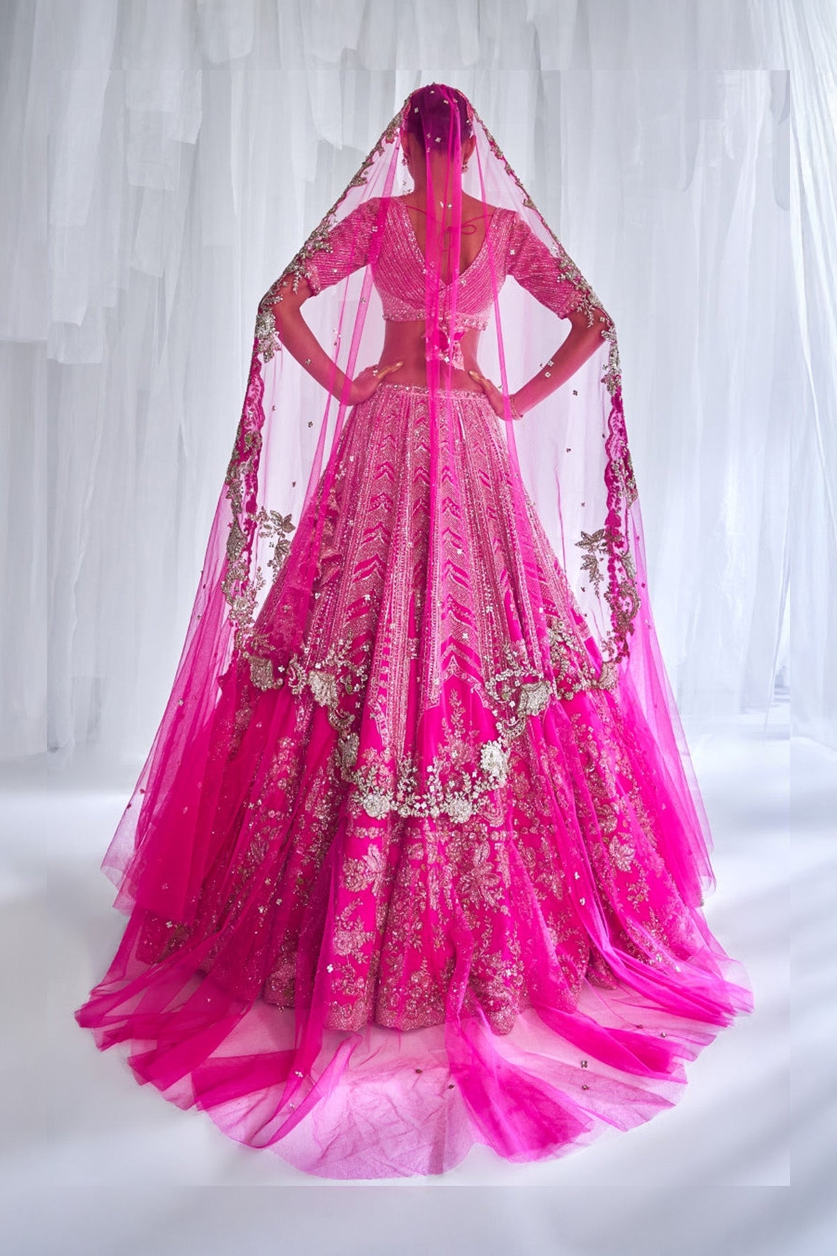 "Cynthia" Fuschia Raw Silk Bridal Lehenga Set