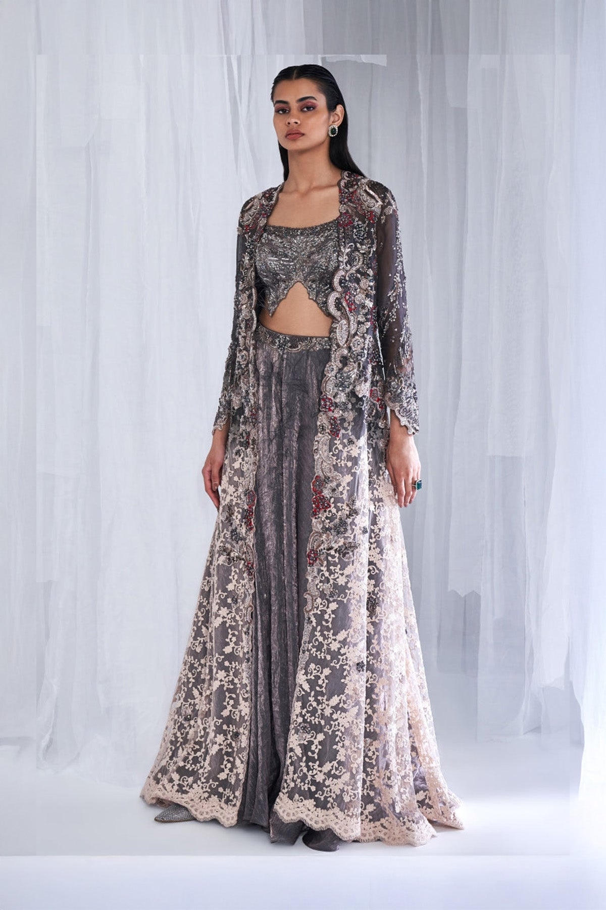 "Kayla" Ombre Organza And Chantilly Jacket And Sharara Set