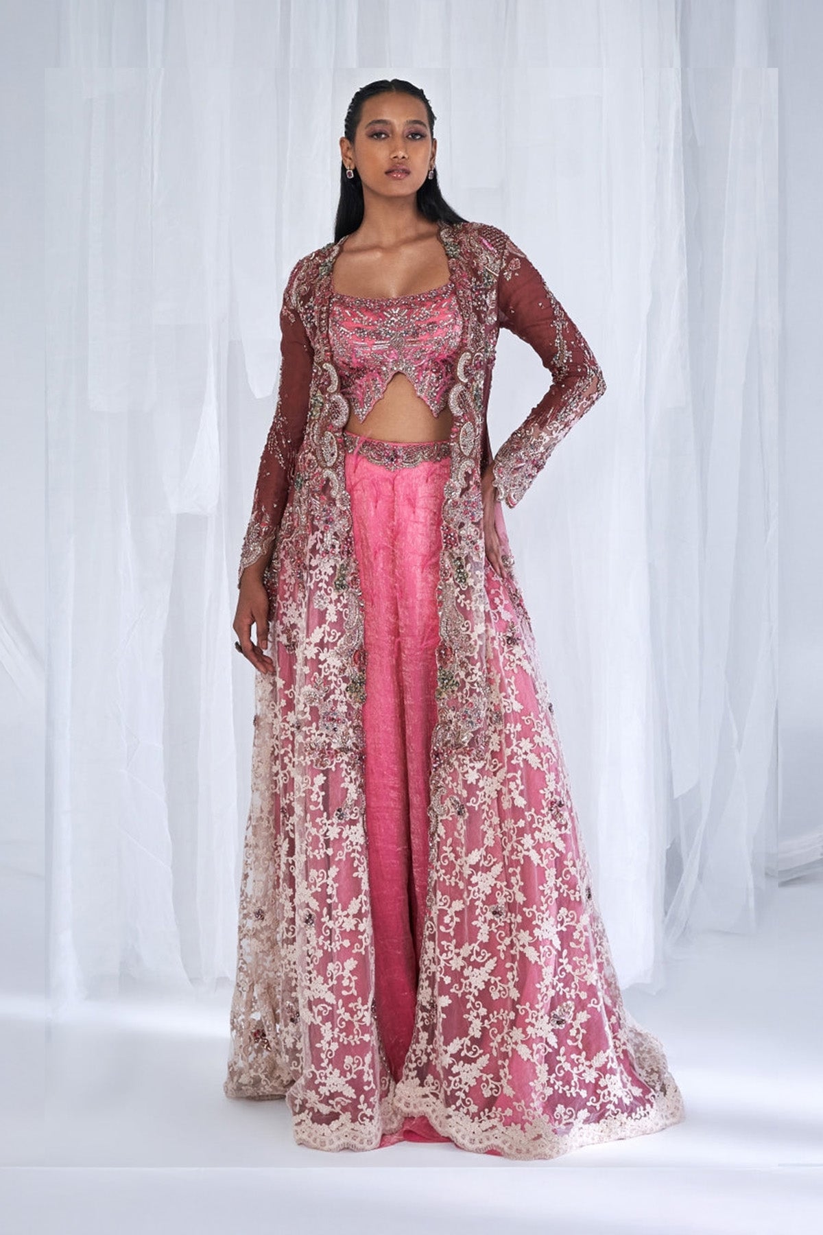 "Oeshi" Ombre Organza And Chantilly Jacket And Sharara Set