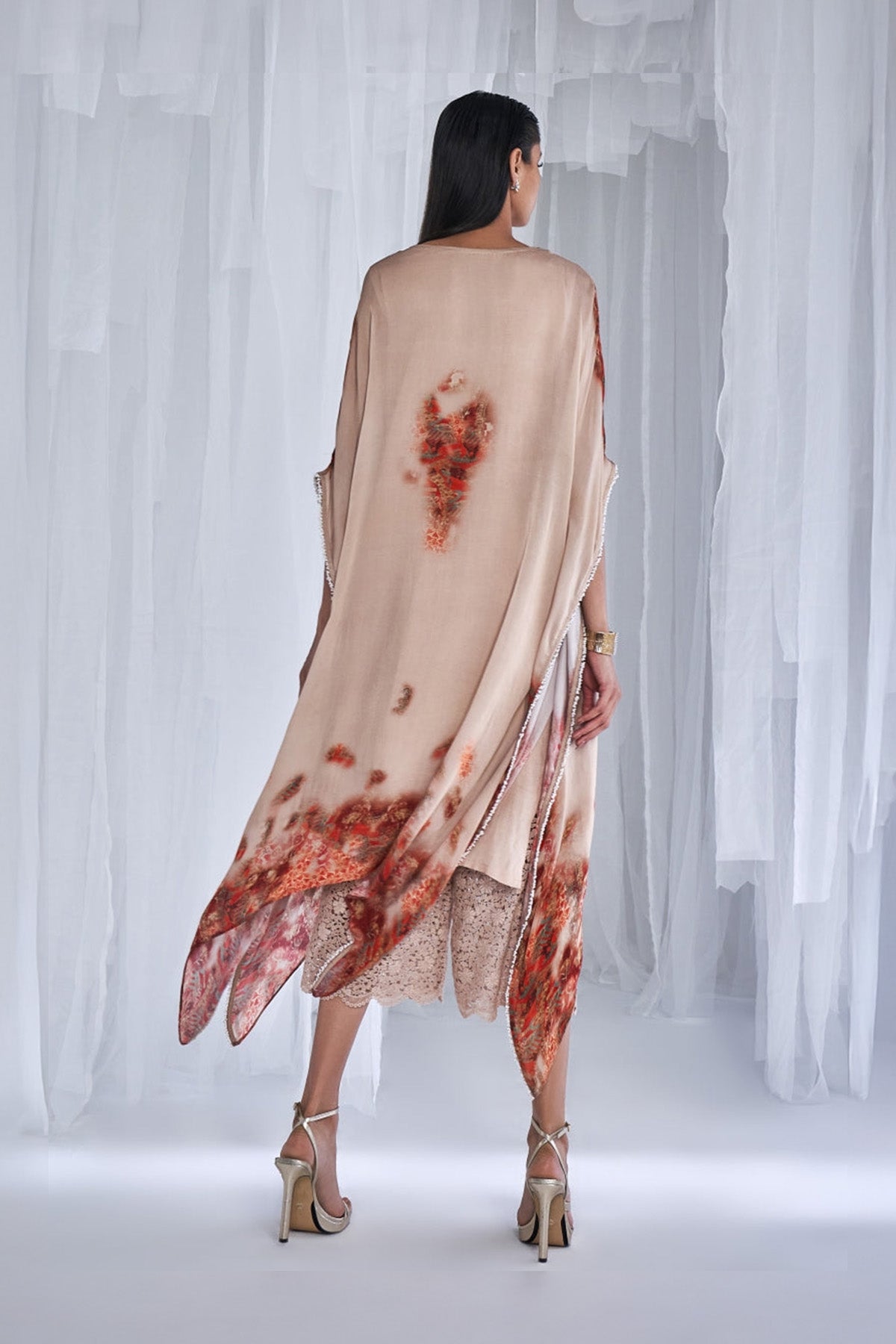 "Chloe" Printed Satin Kaftan And Chantilly Trousers