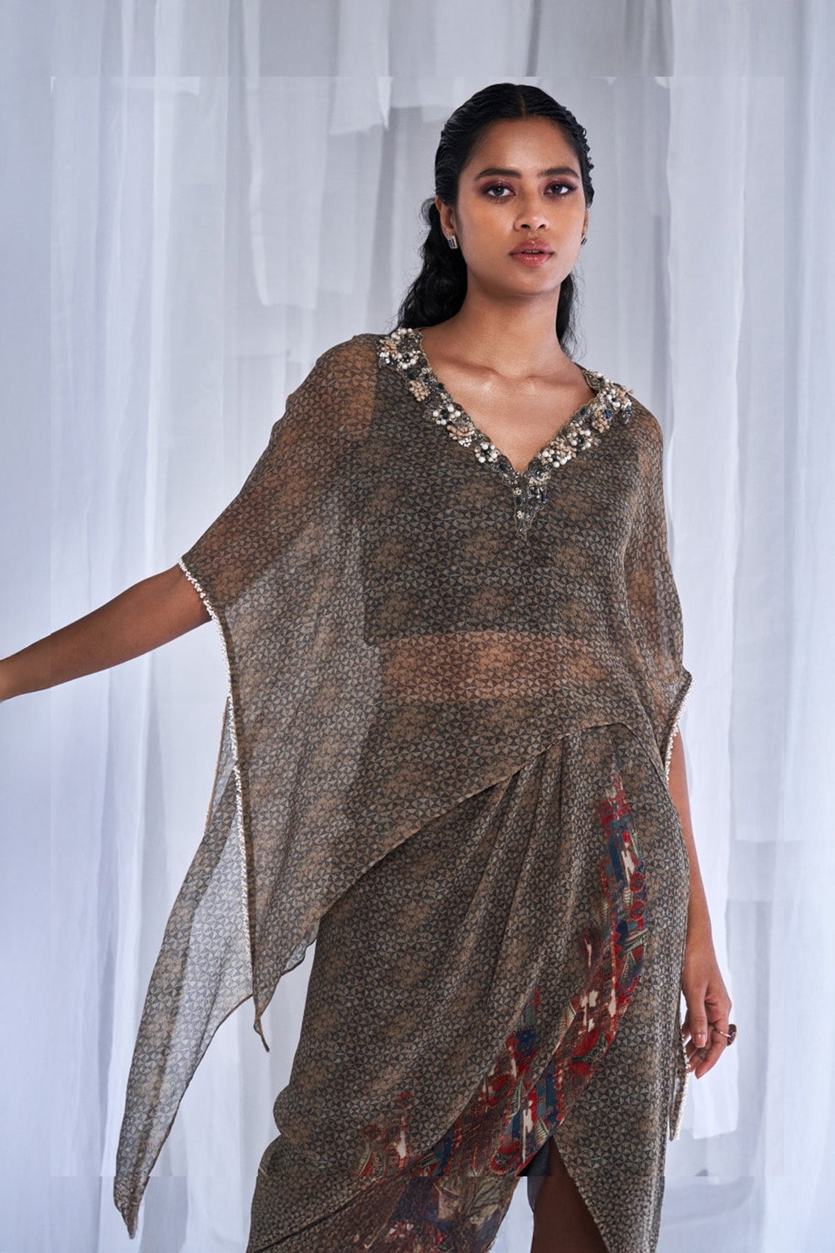"Yuvika" Printed Chiffon Kaftan And Skirt