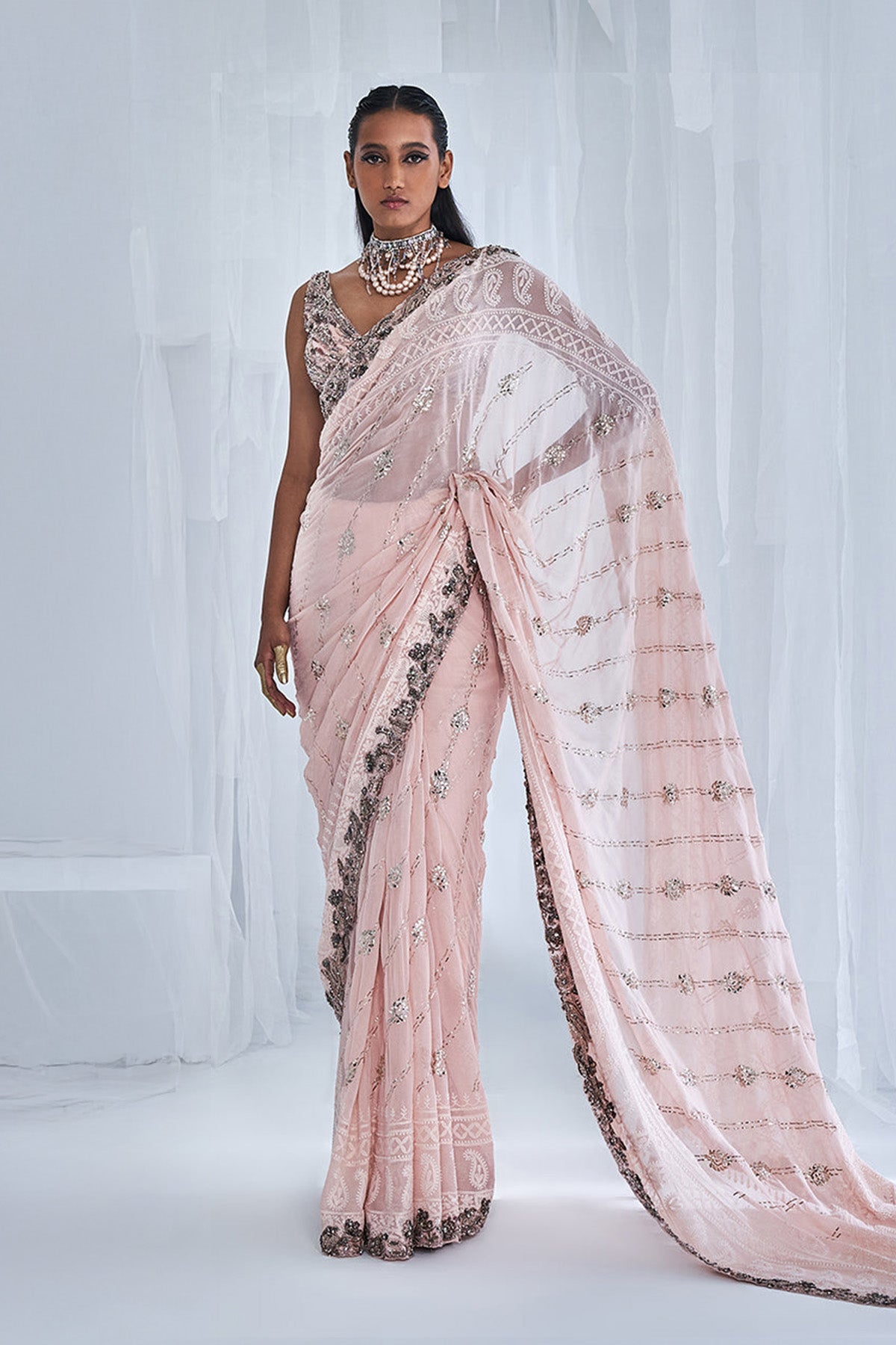 "Snow Rose" Kamdani Chikankari Sari