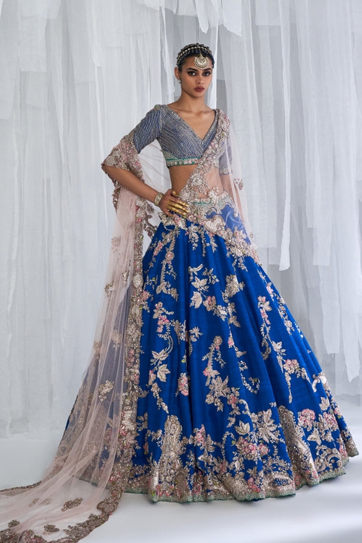 "Daffodil" Blue Raw Silk Bridal Lehenga Set
