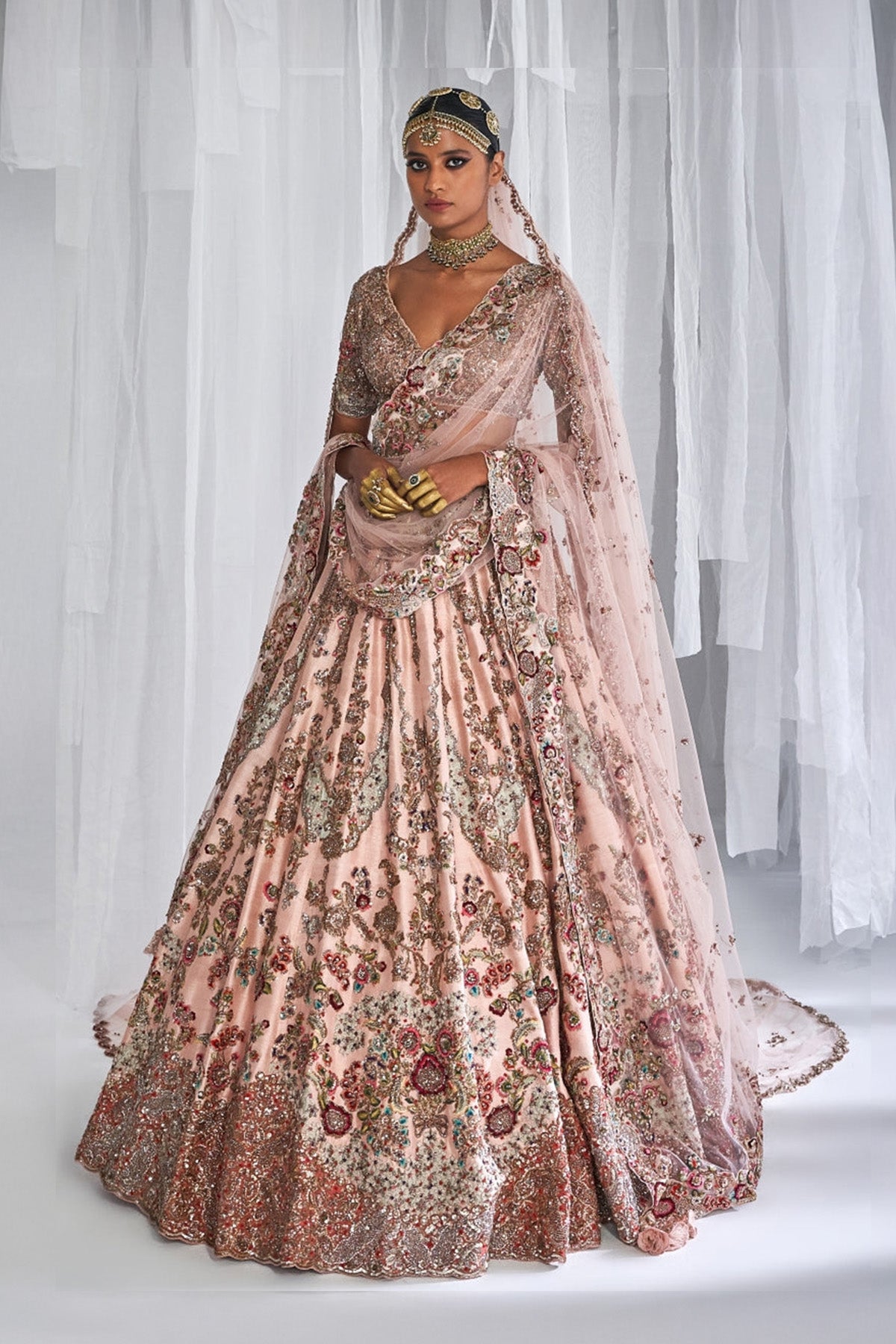 "Lillian" Champagne Pink Raw Silk Bridal Lehenga Set