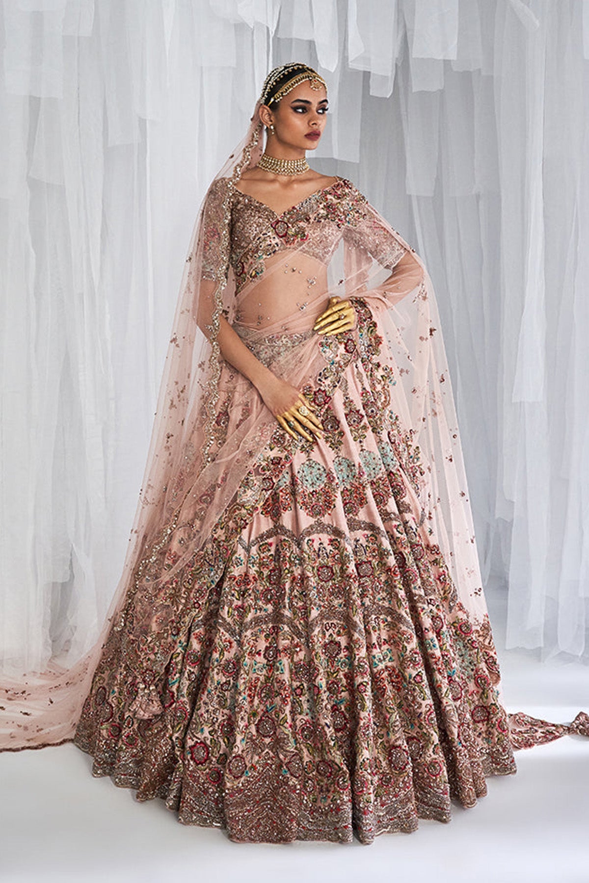 "Primrose" Champagne Pink Raw Silk Bridal Lehenga Set