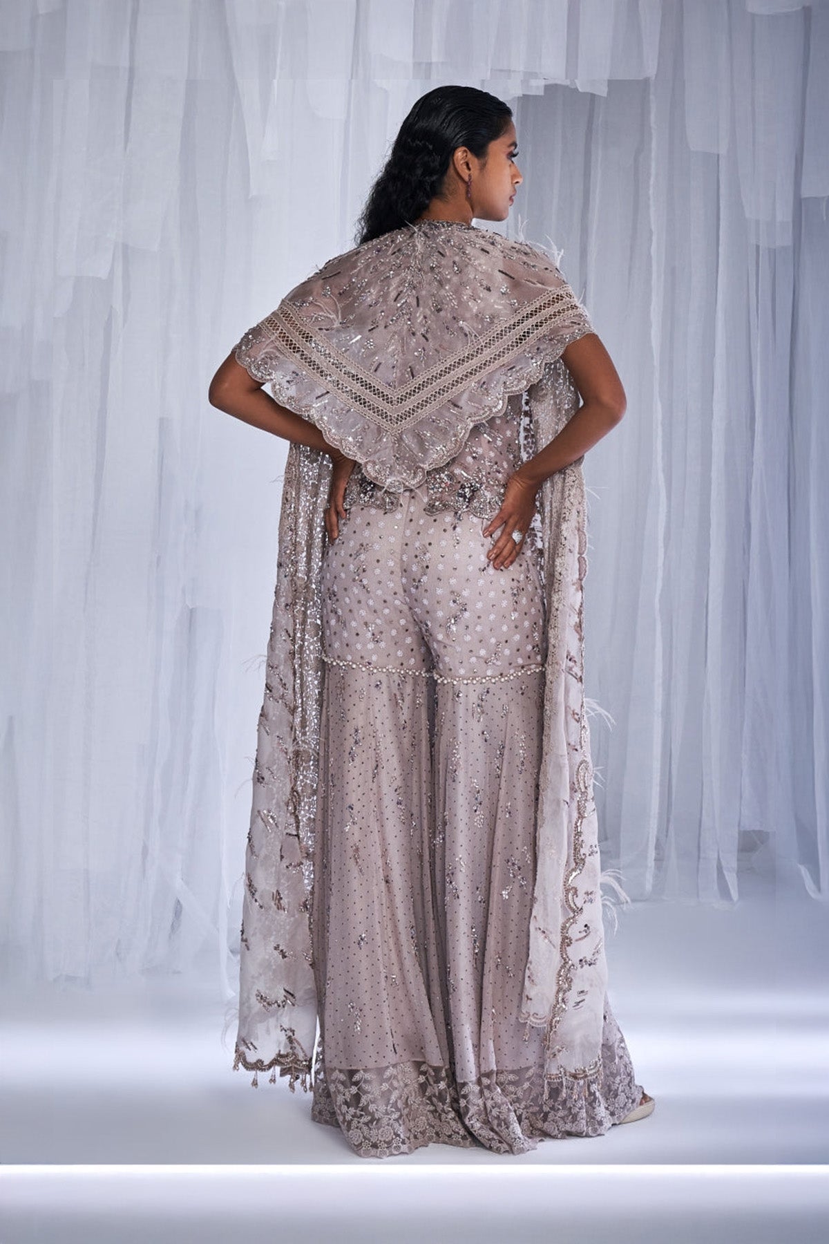 "Ice Foam" Chiffon Sharara With Cape And Waist Coat