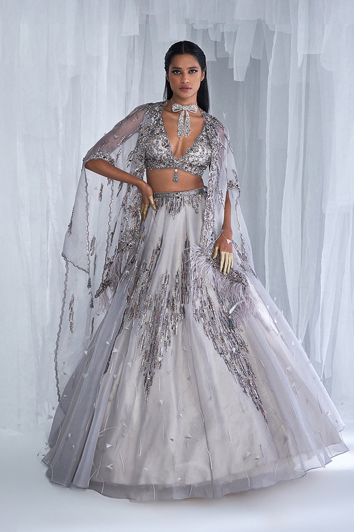 "Elaheh" Silk Organza Lehenga Set With A Cape