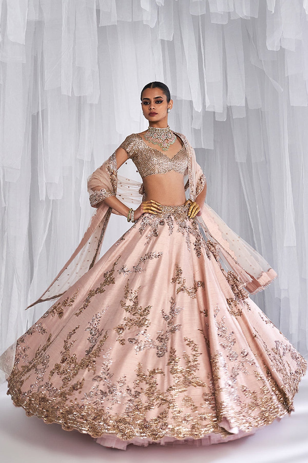 "Posey" Peach Raw Silk Bridal Lehenga Set