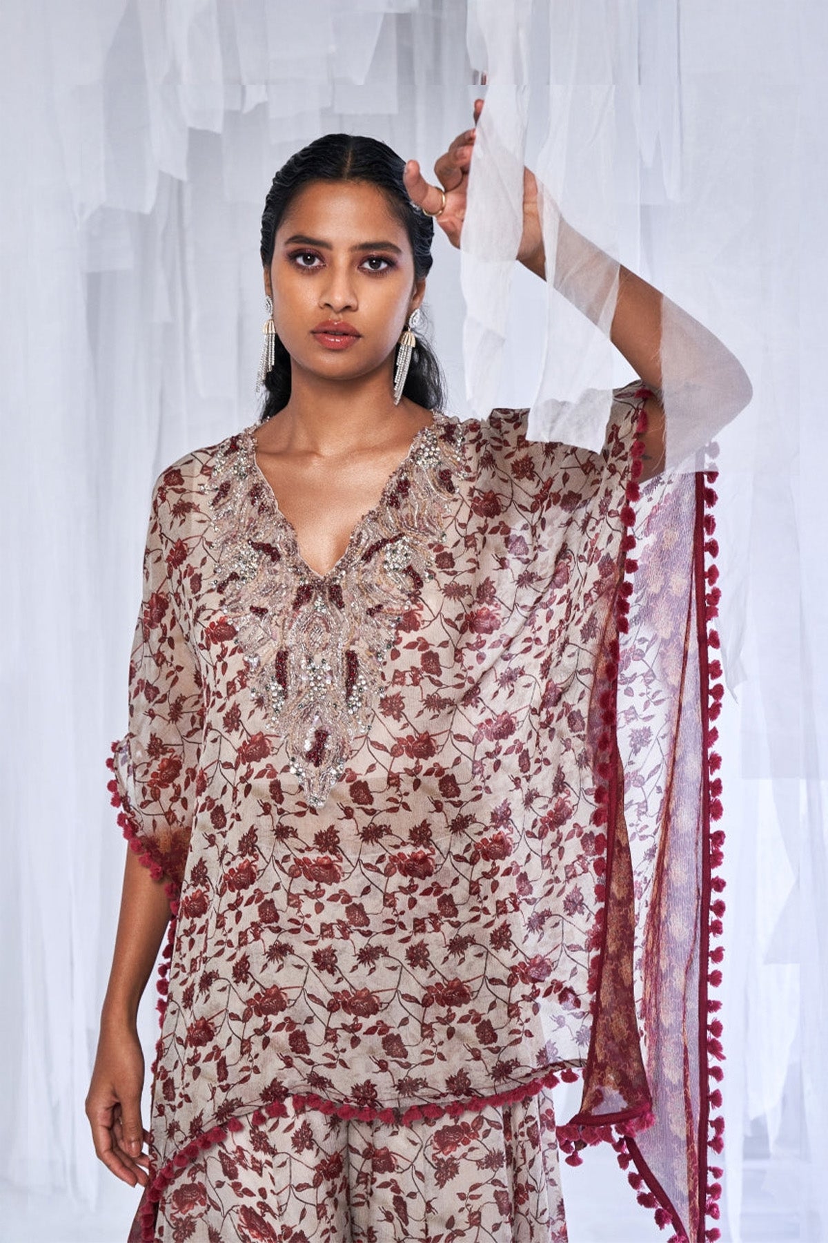 "Leela" Printed Chiffon Short Kaftan With Sharara