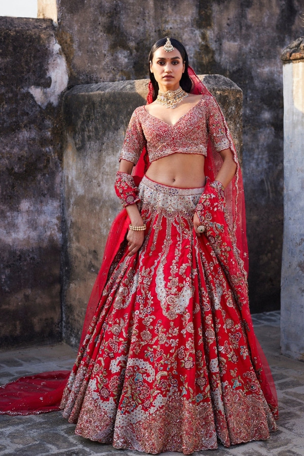 "Lillian" Red Raw Silk Bridal Lehenga Set