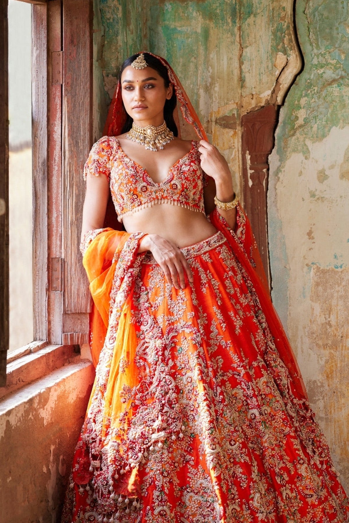 "Juno" Sunset Orange Raw Silk Bridal Lehenga Set