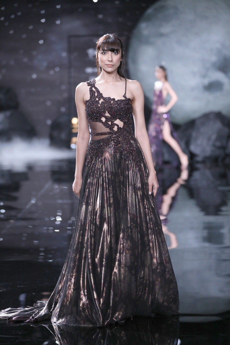 Medea Burnt Brown Lurex Flared Gown 12