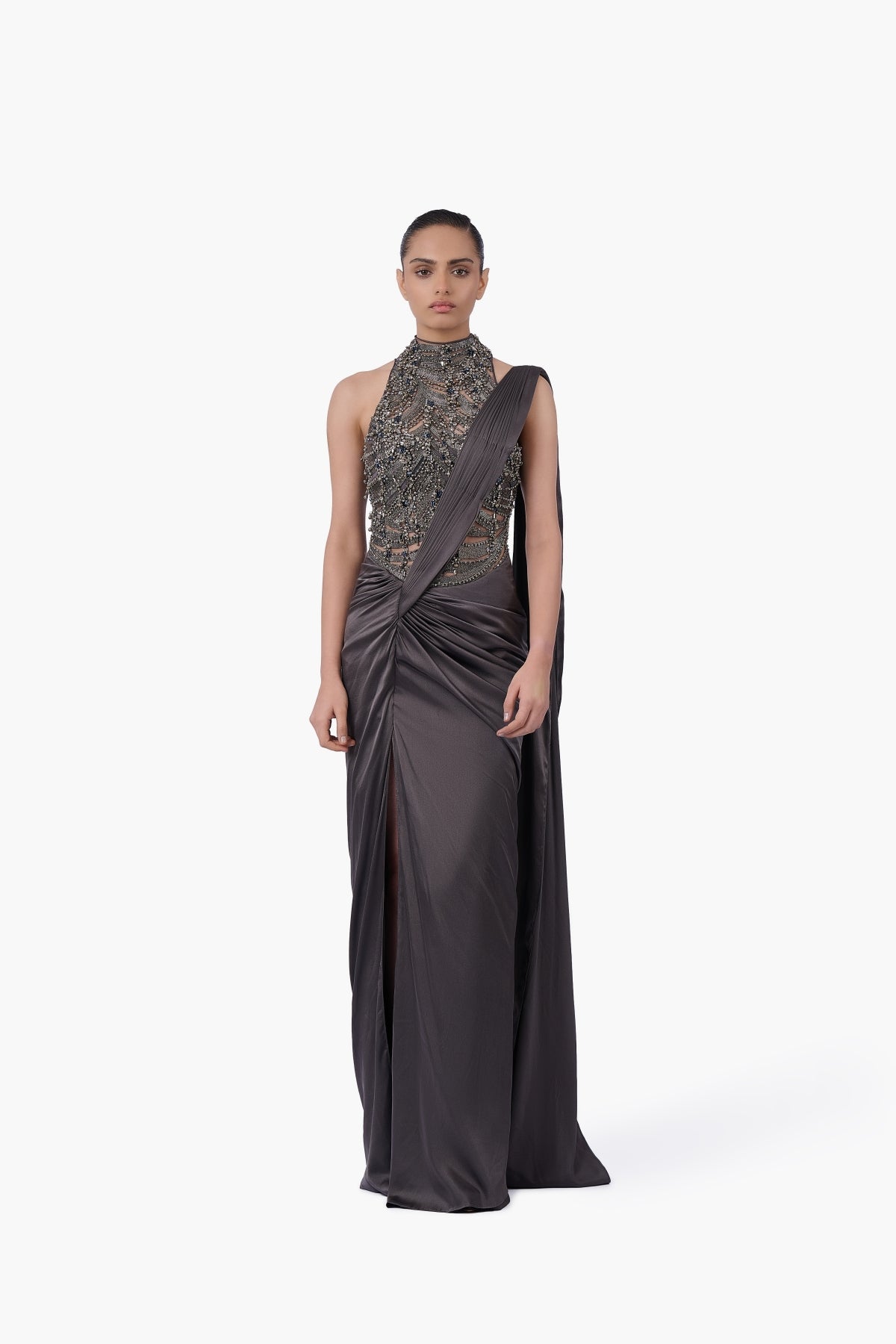 The High-Neck Embellished Saree Gown