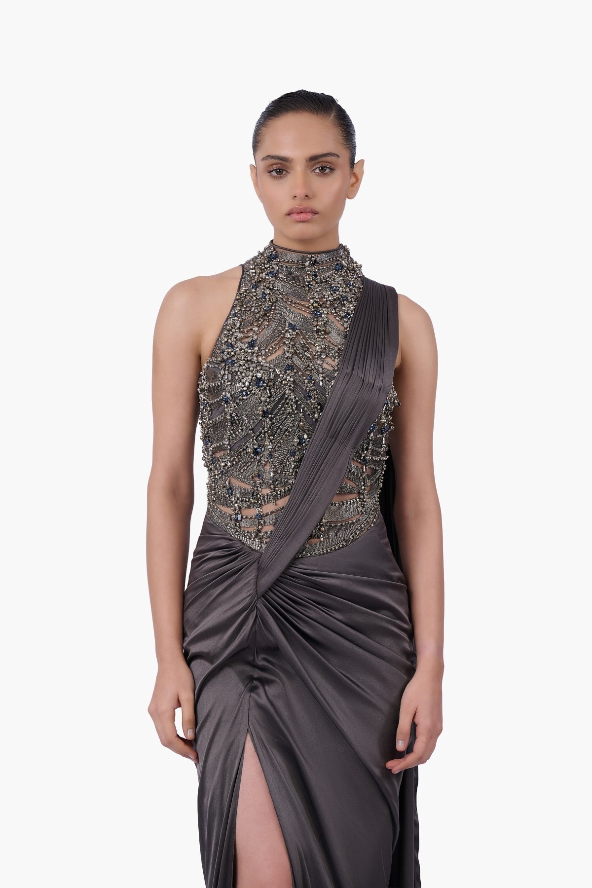The High-Neck Embellished Saree Gown