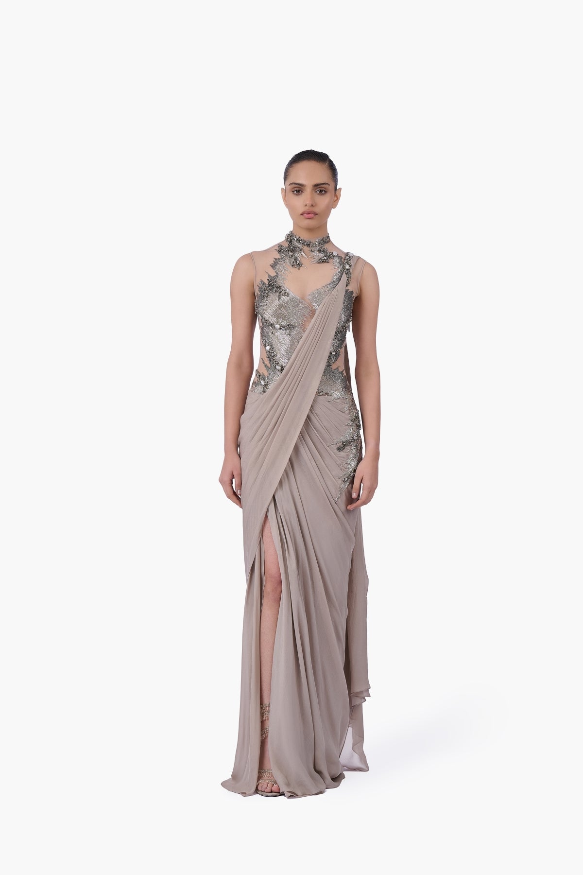The Embellished Metallic Saree Gown