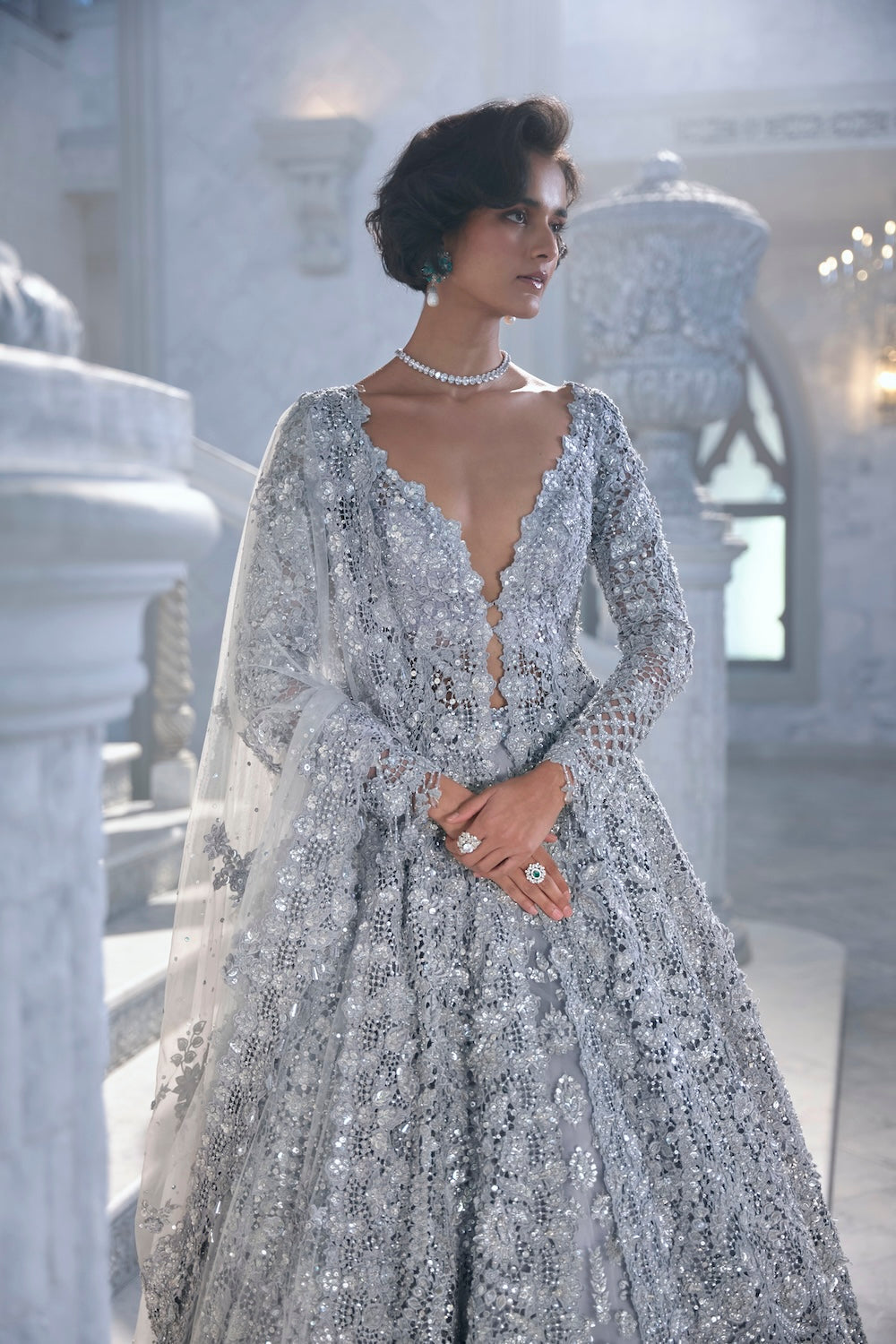 Silver Cut Work Jacket Lehenga Set