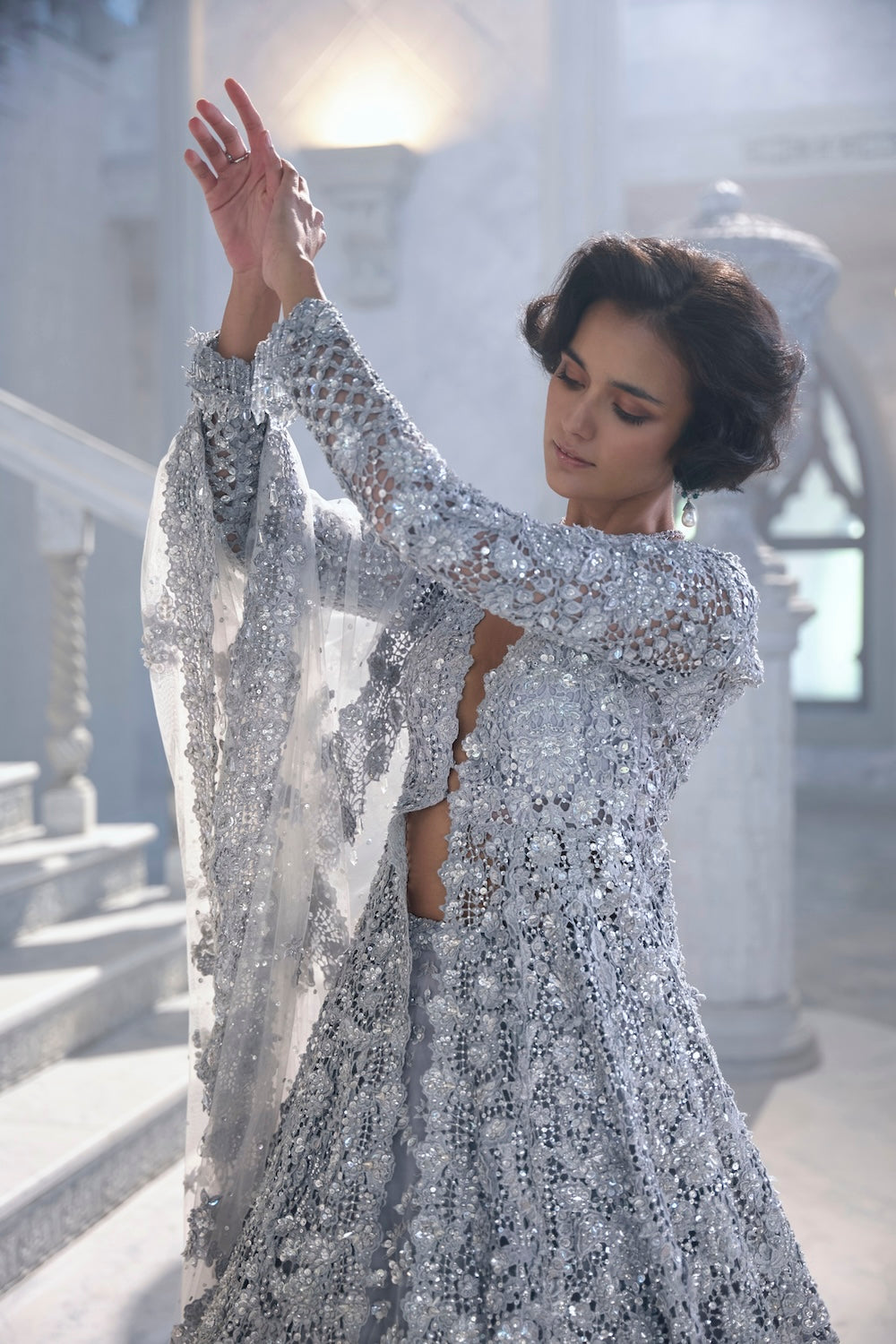 Silver Cut Work Jacket Lehenga Set