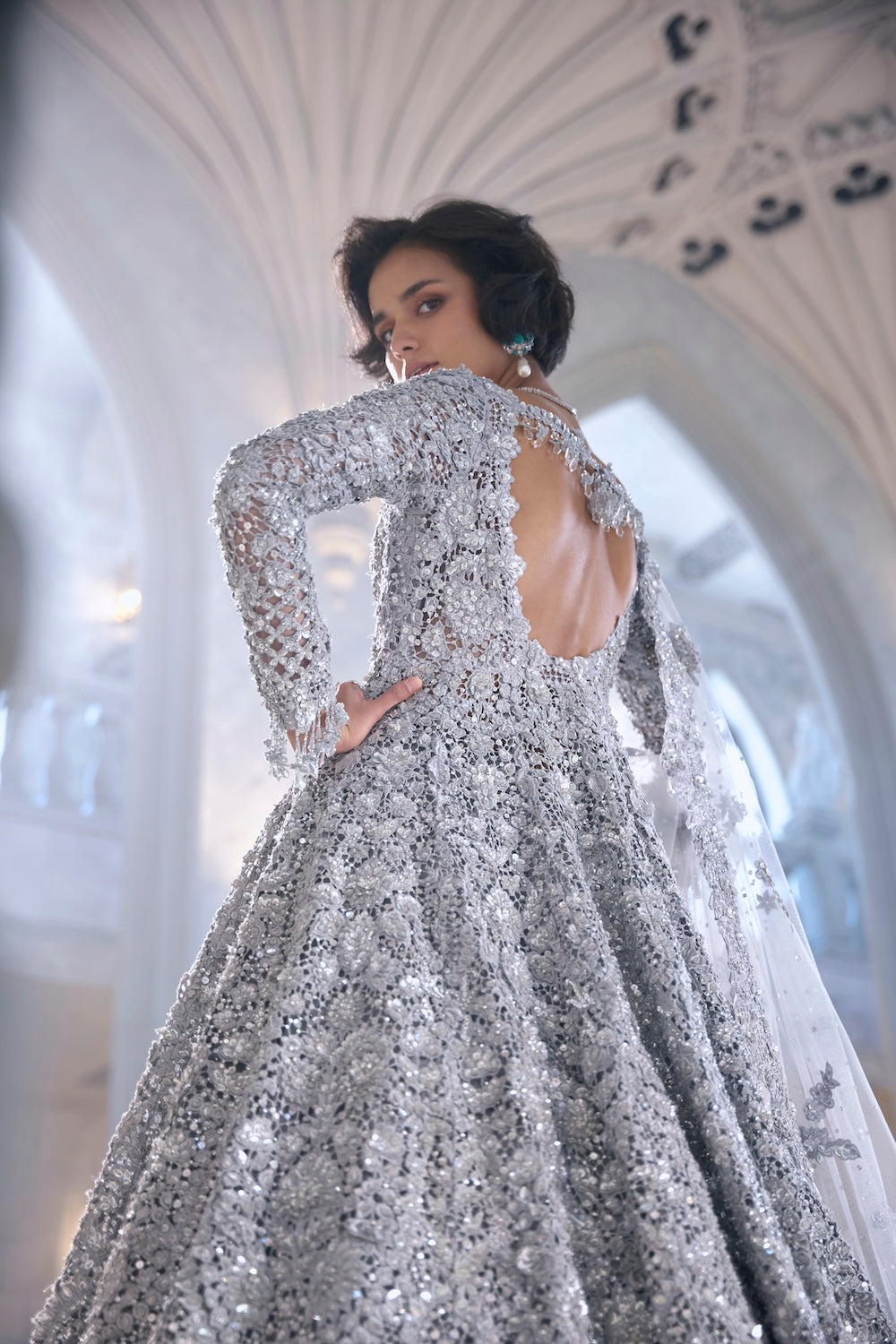 Silver Cut Work Jacket Lehenga Set