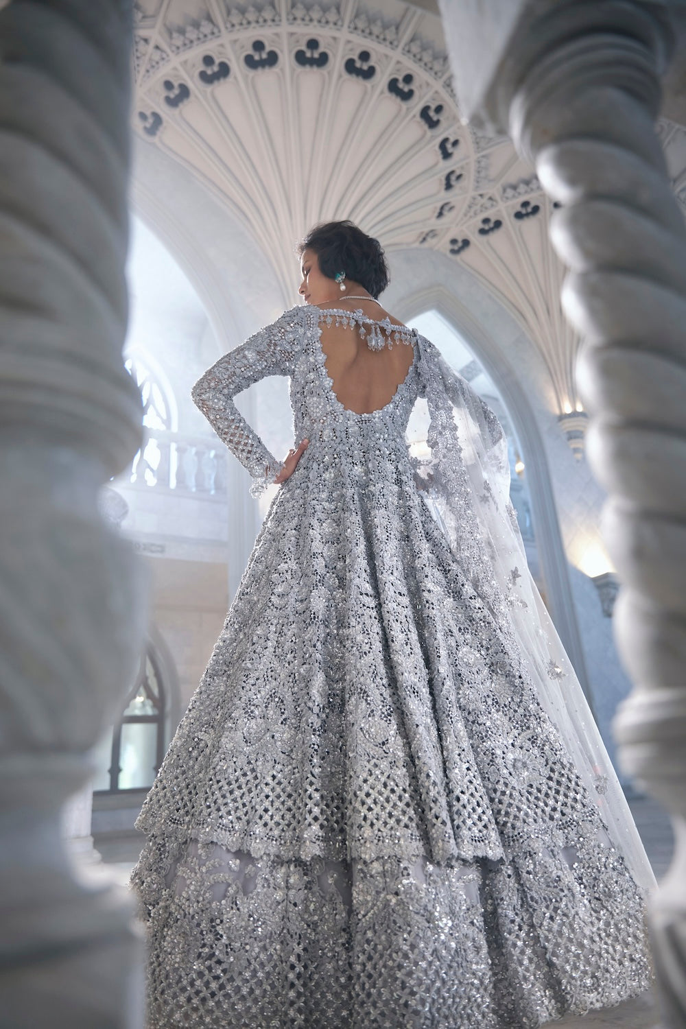 Silver Cut Work Jacket Lehenga Set