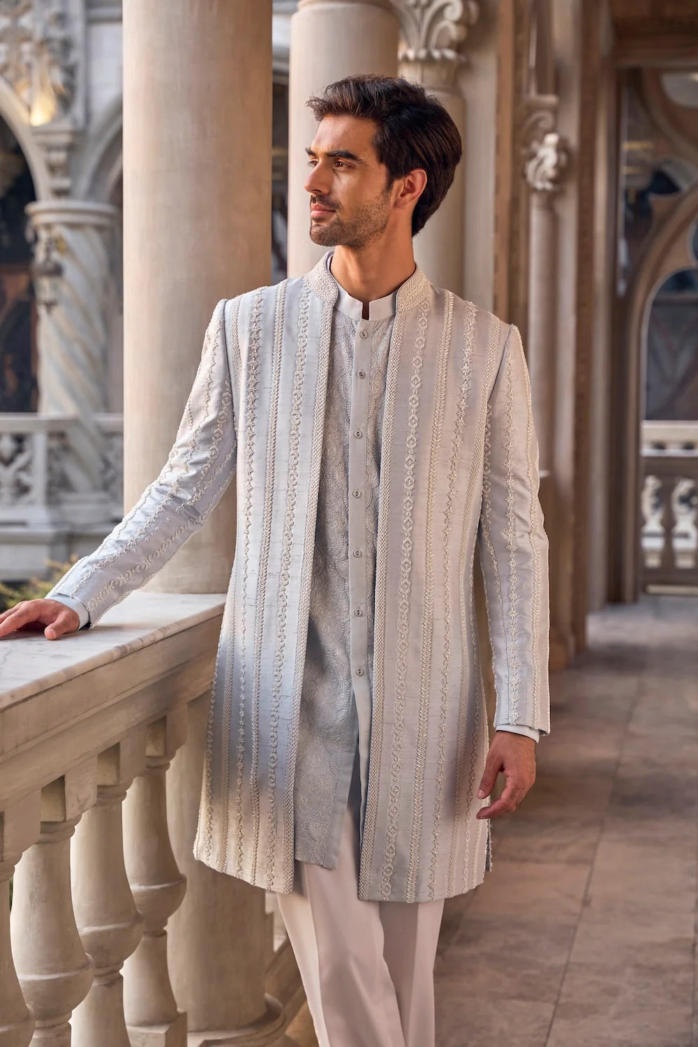 Powder Blue Pearl Open Sherwani Set