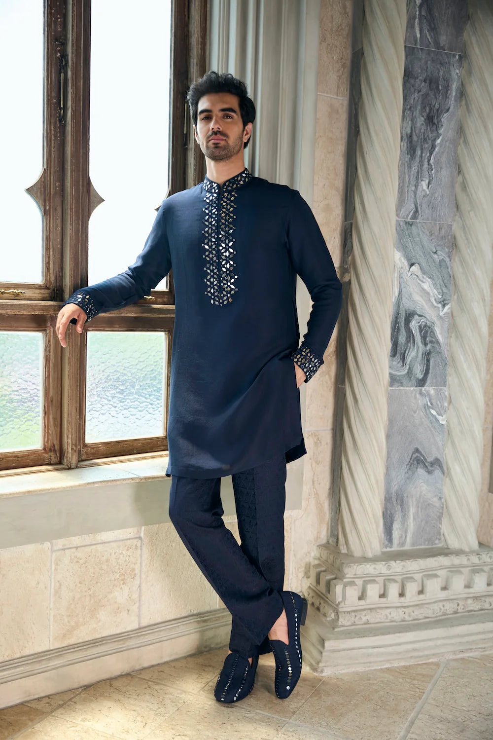 Persian Blue Mirror Open Sherwani Set