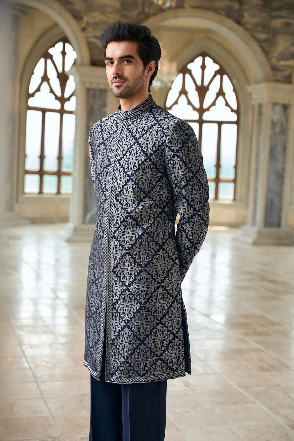Navy & Silver Zari Sherwani Set