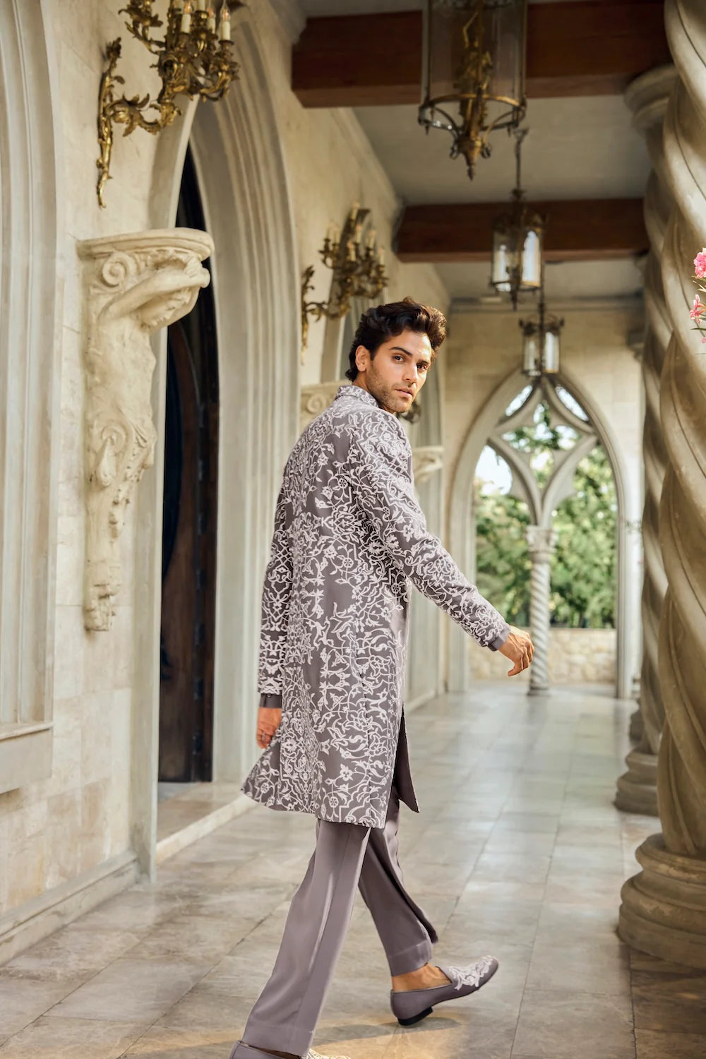 Grey Abstract Sherwani Set