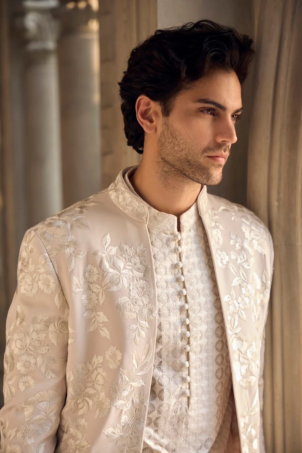 Light Beige Open Sherwani Set