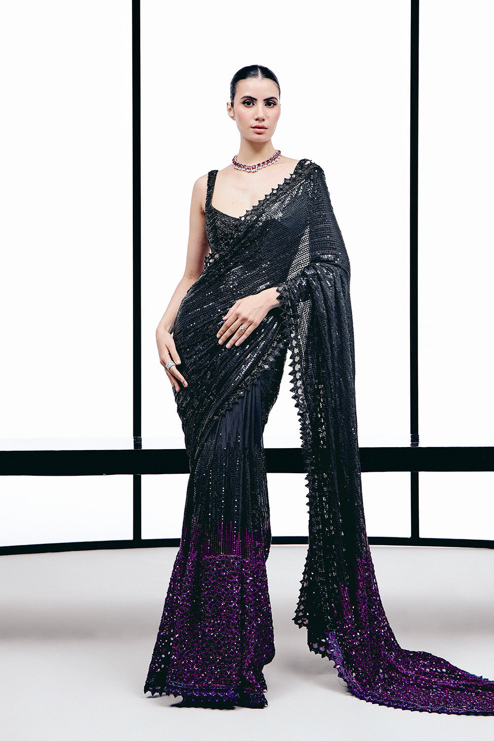 Black to pruple sequins cutwork saree set
