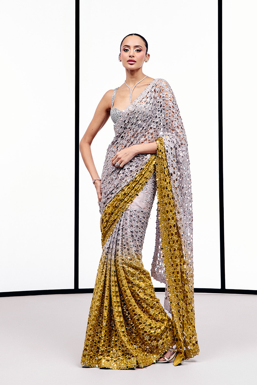 Silver to ochre cutwork saree set