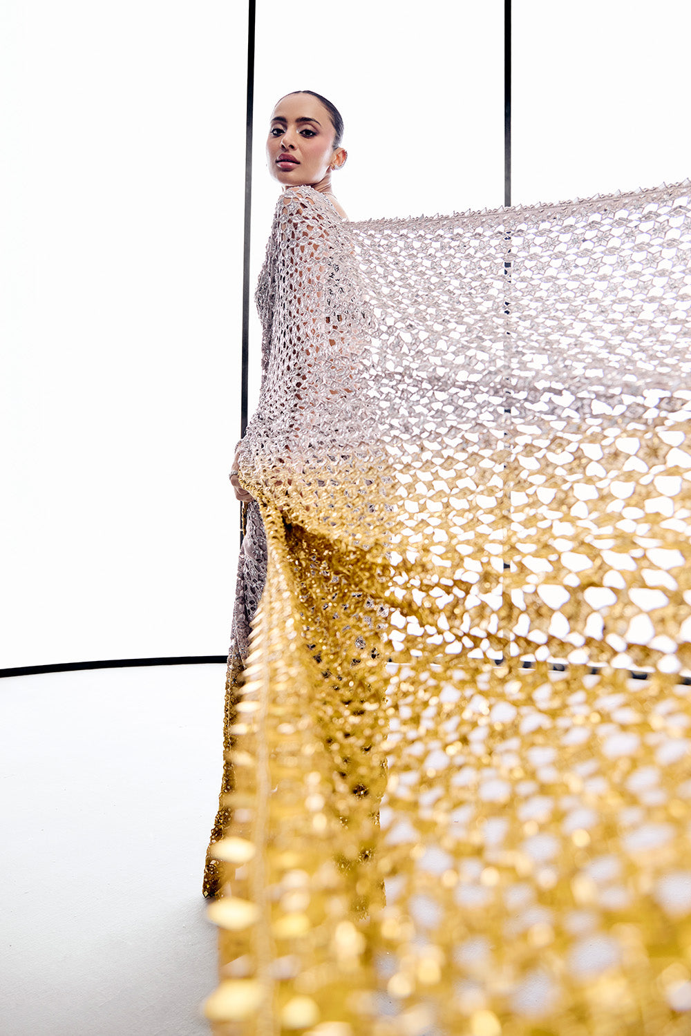 Silver to ochre cutwork saree set
