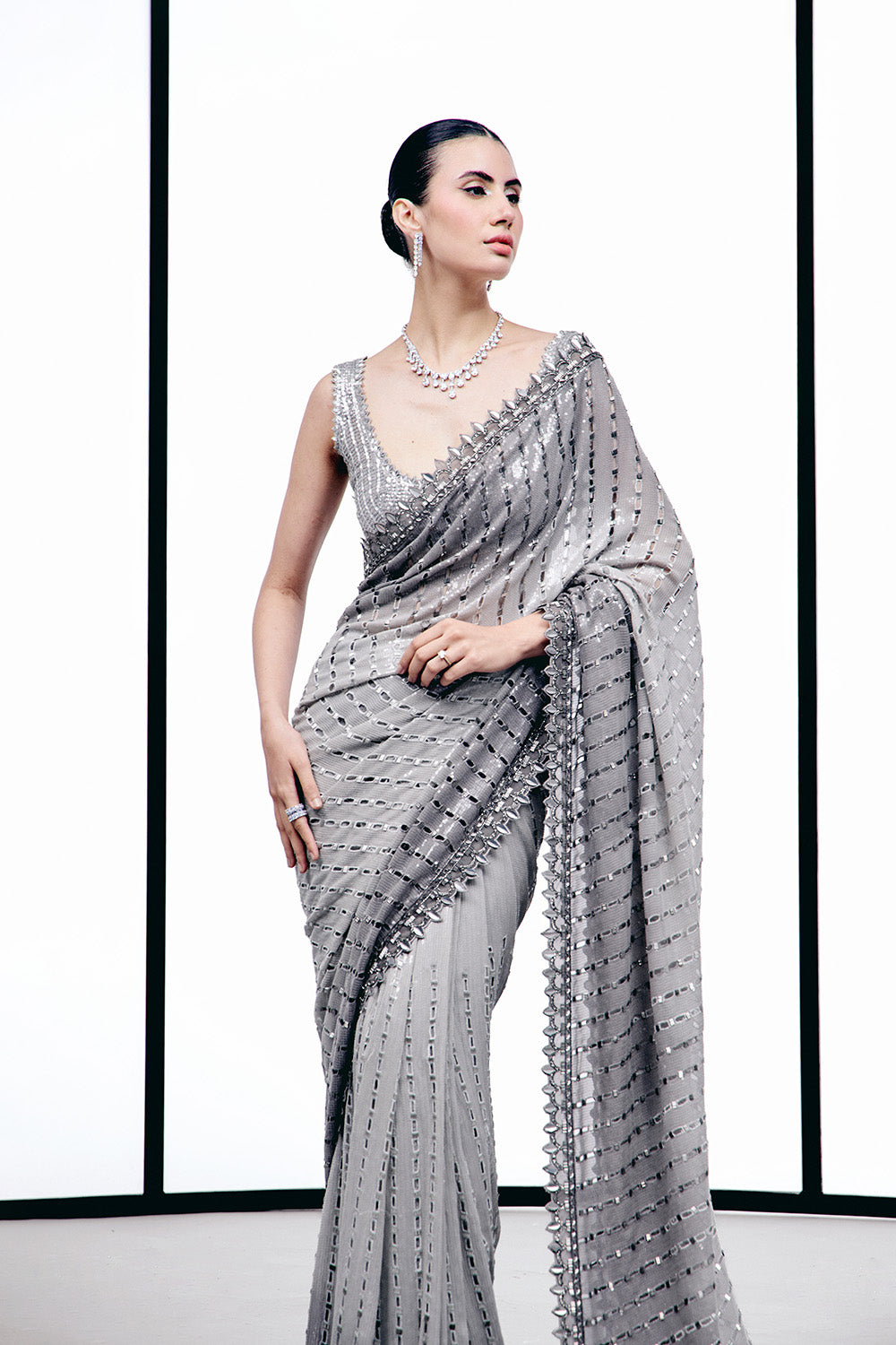 Grey ombre cutwork saree set
