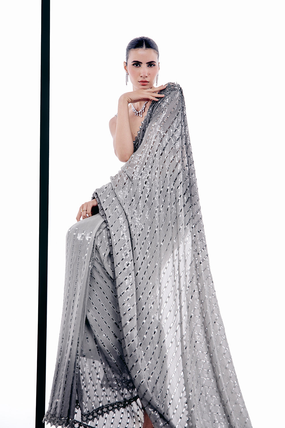 Grey ombre cutwork saree set