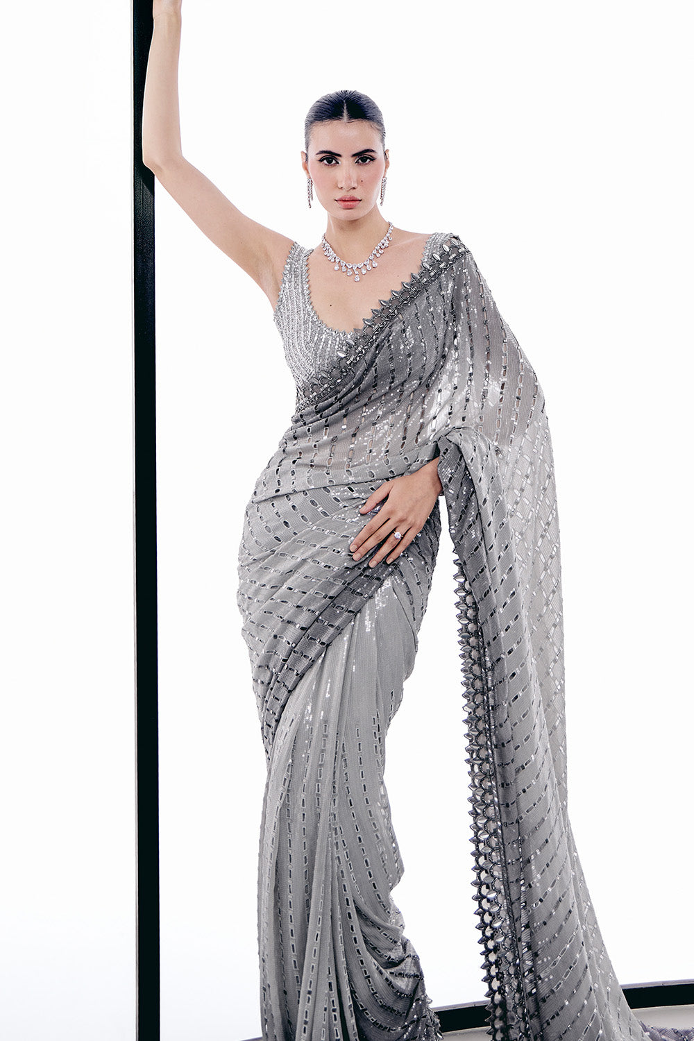 Grey ombre cutwork saree set