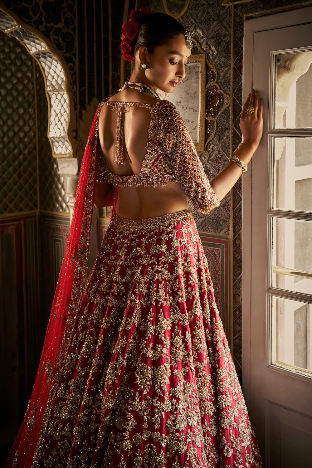 Red Crystal Zardosi Lehenga Set