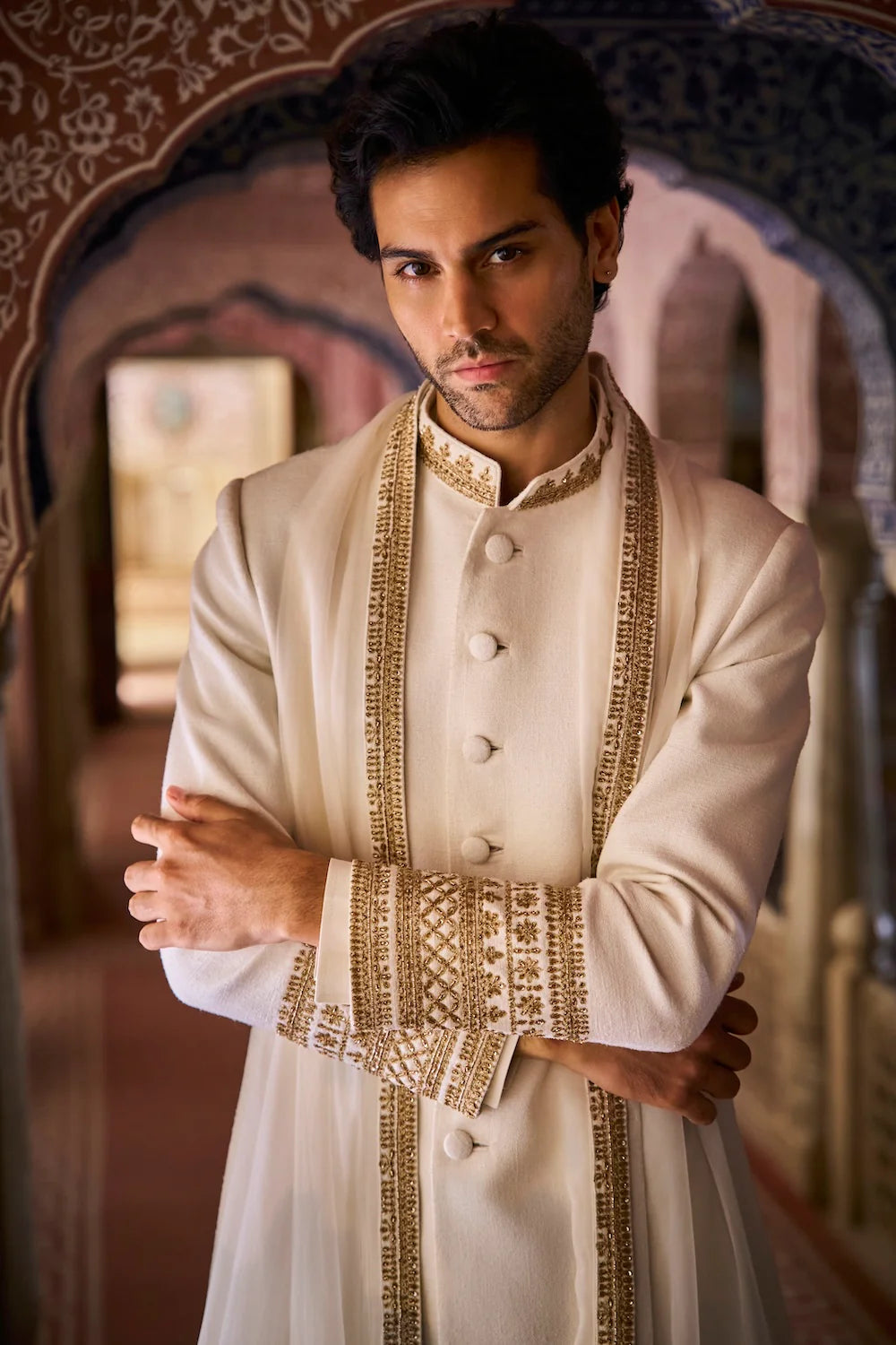 Ivory Gold Matka Silk Sherwani Set