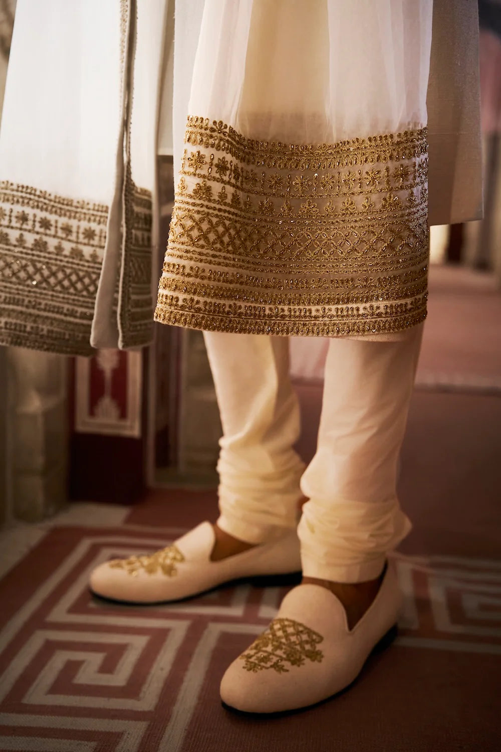 Ivory Gold Matka Silk Sherwani Set