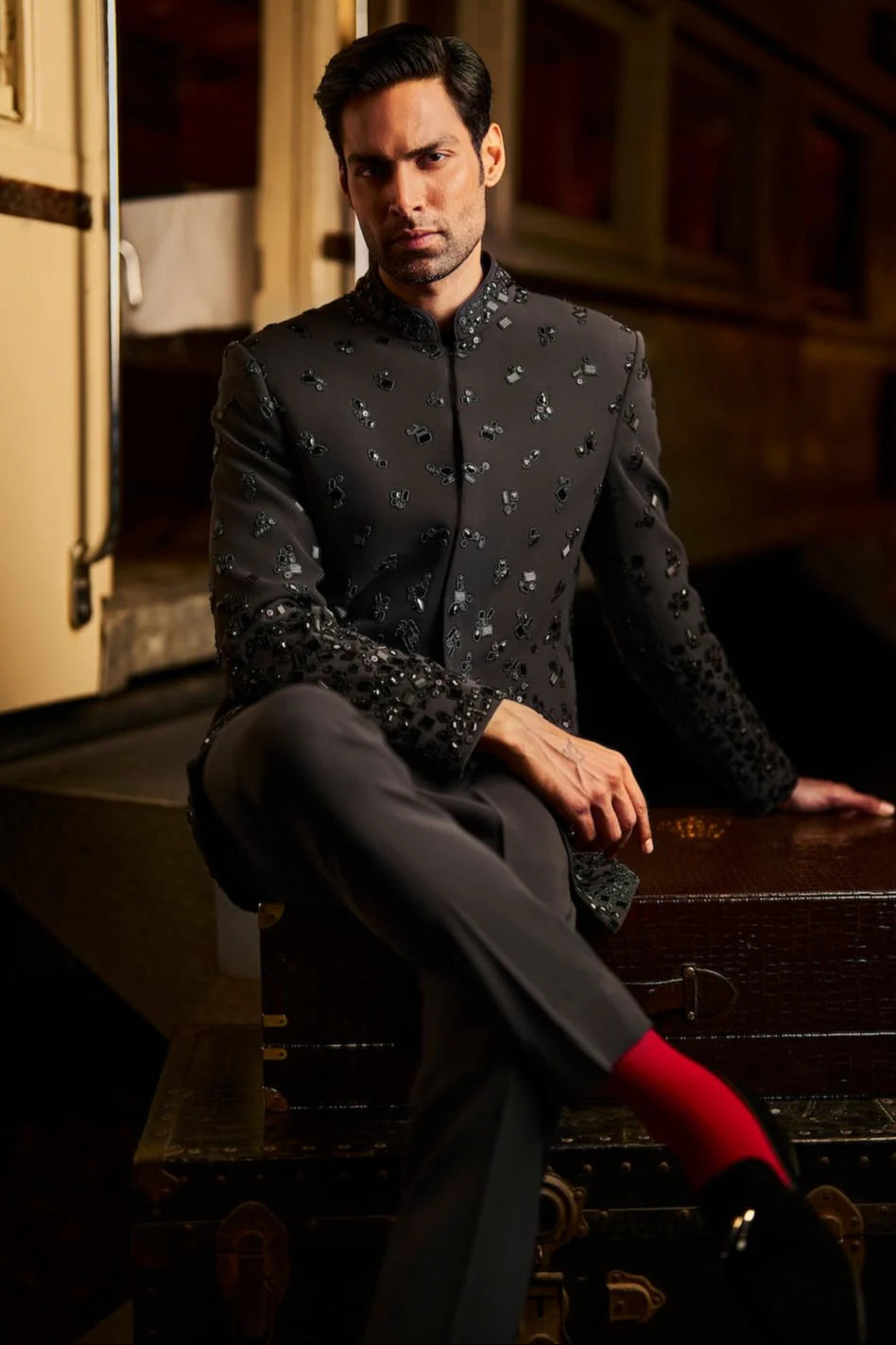 Black Bead Bandhgala Set