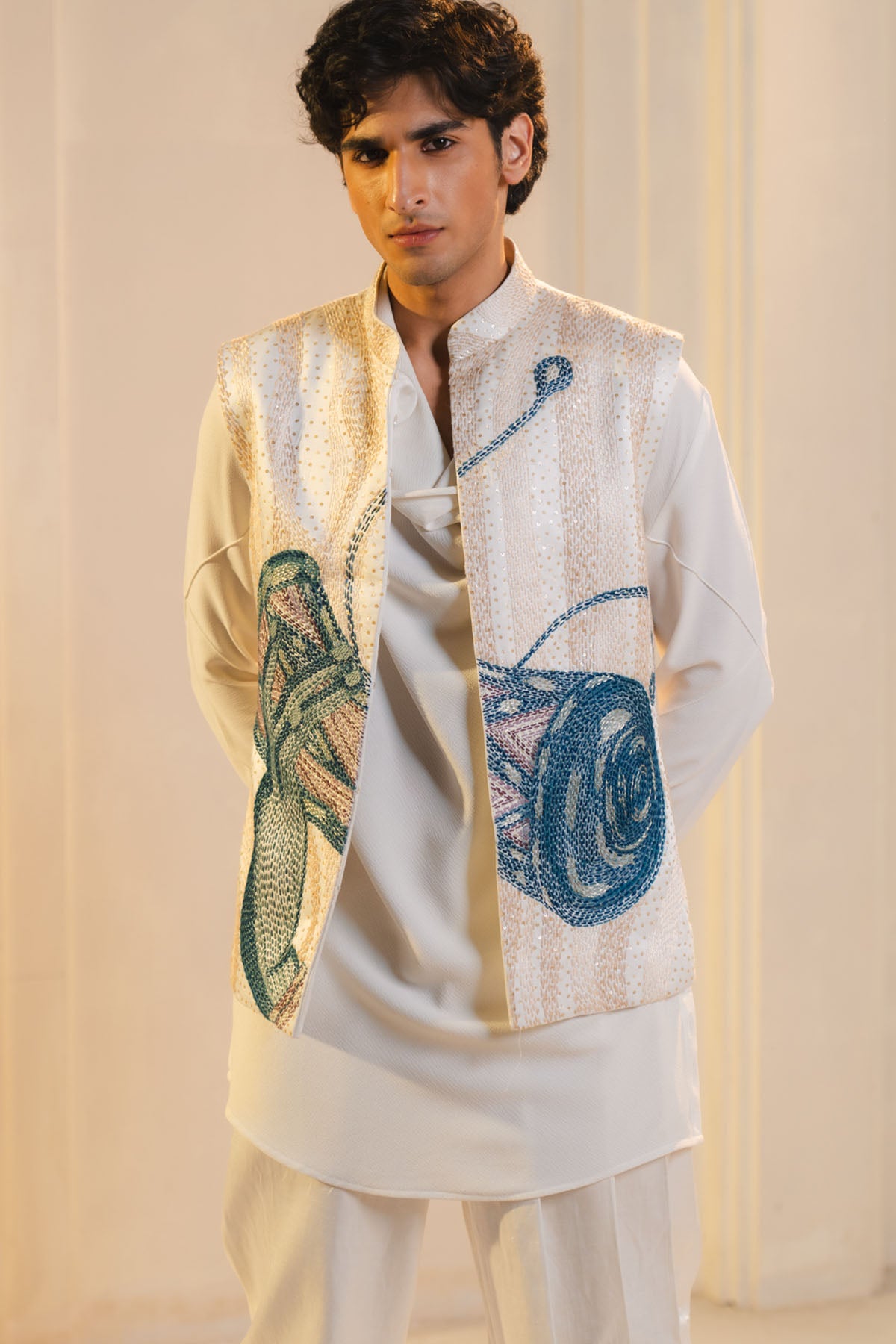 Ivory Hand Embroidered Nehru Jacket Set