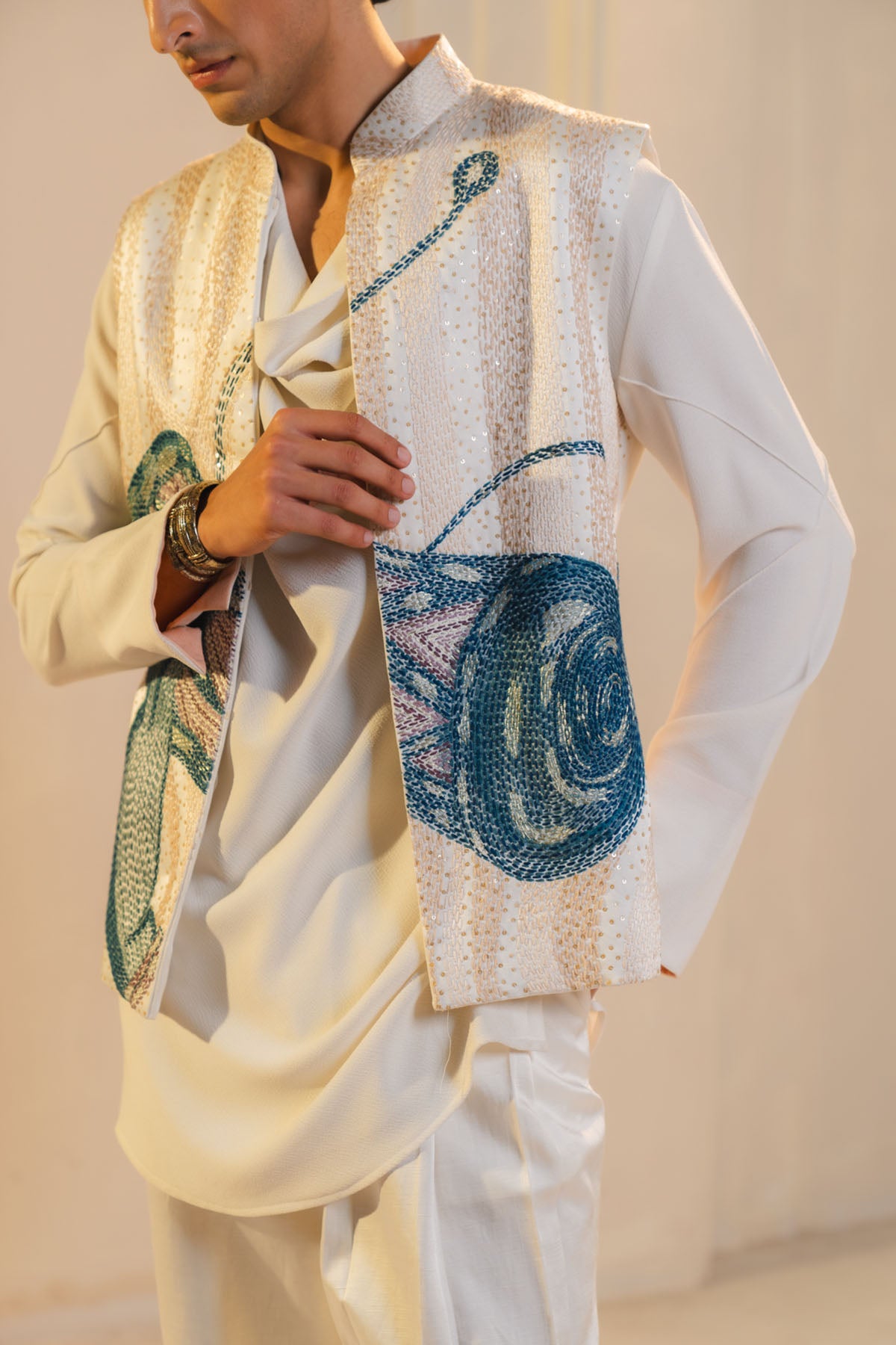 Ivory Hand Embroidered Nehru Jacket Set