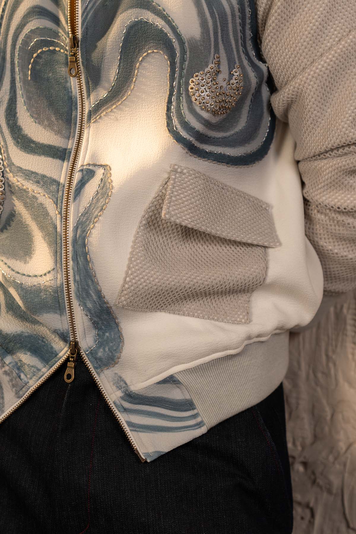Printed Wave Bomber With Denims