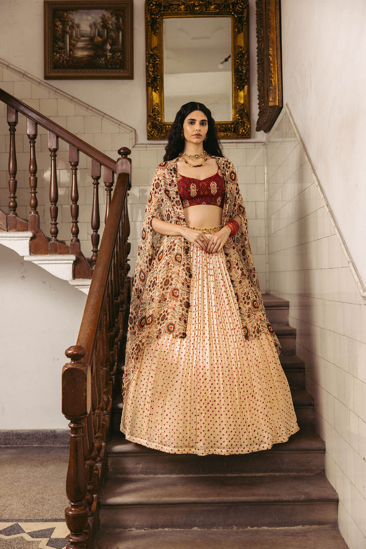 Shaahee Bandhani Skirt cape set
