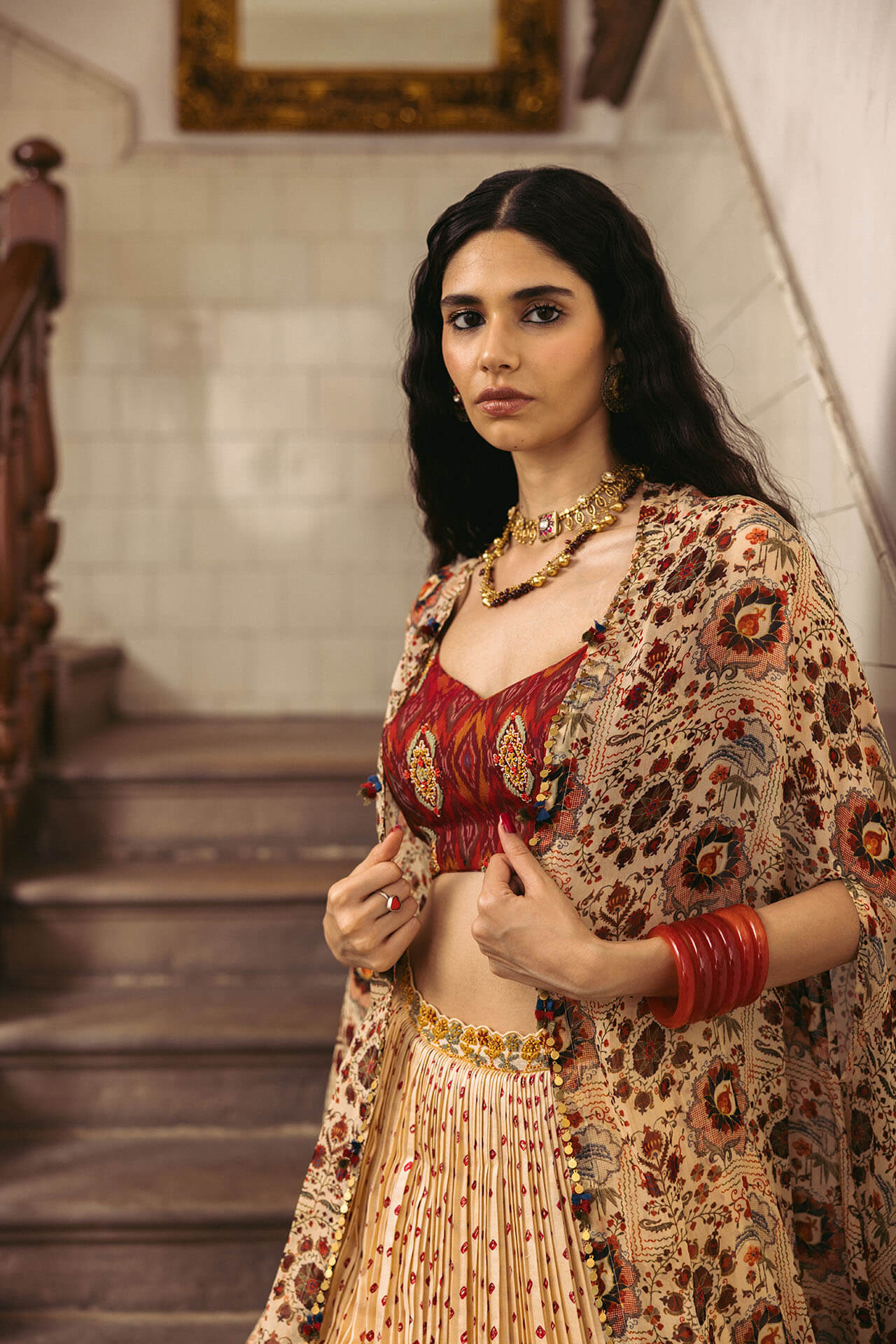 Shaahee Bandhani Skirt cape set