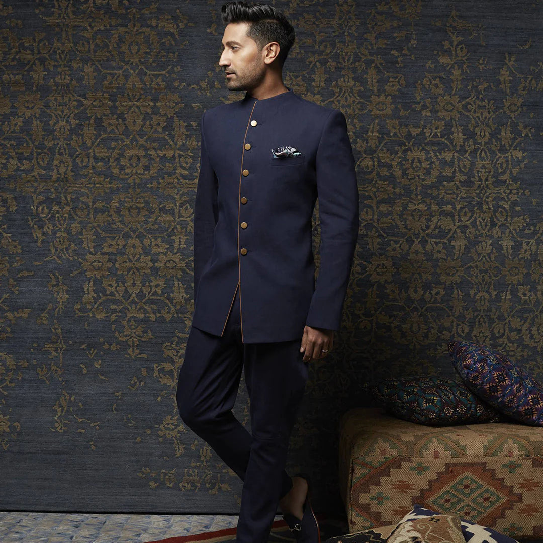 DARK BLUE DENIM BANDHGALA WITH SUED DETAILING PAIRED WITH DENIM JODHPURI PANTS