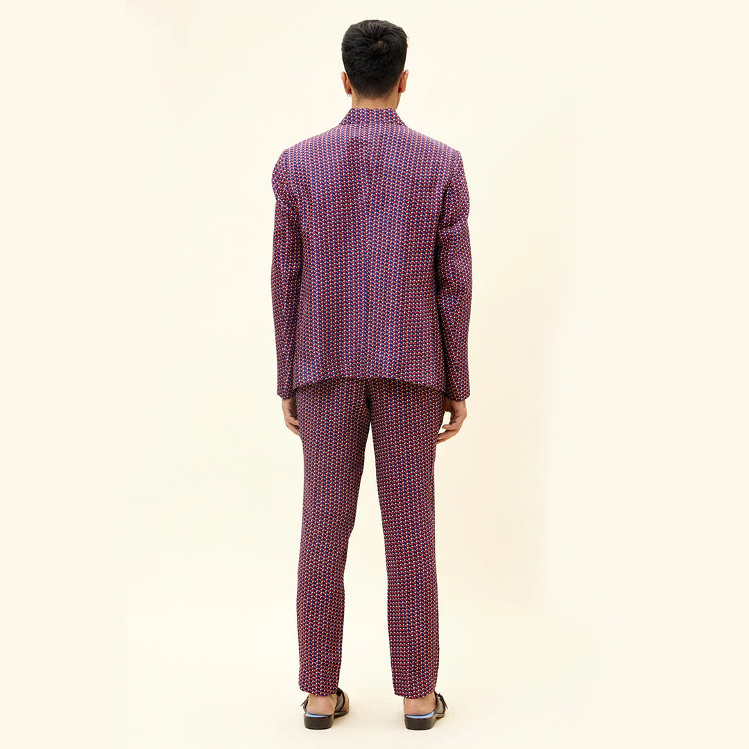 BLUE LEAF PRINT BLAZER WITH PRINTED PANTS