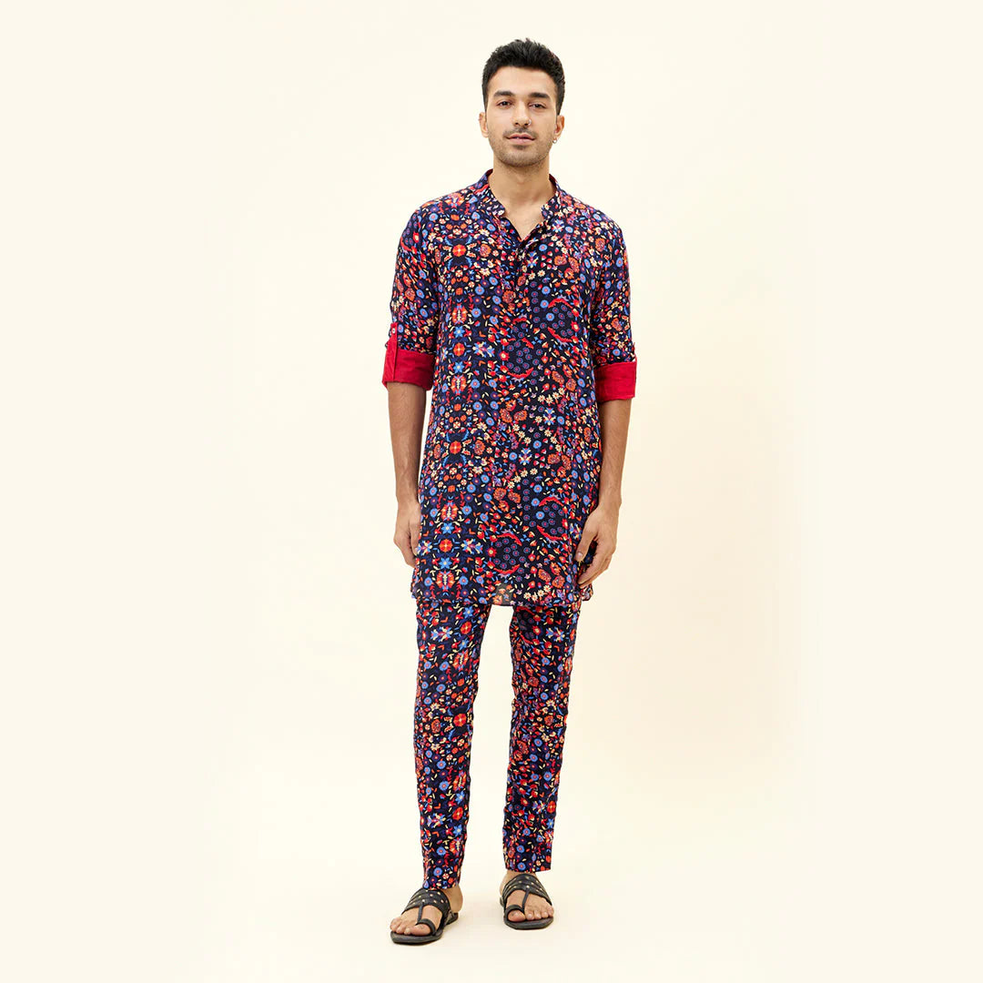 RASA BLUE JAAL PRINT SHORT SHIRT STYLE KURTA WITH PANTS