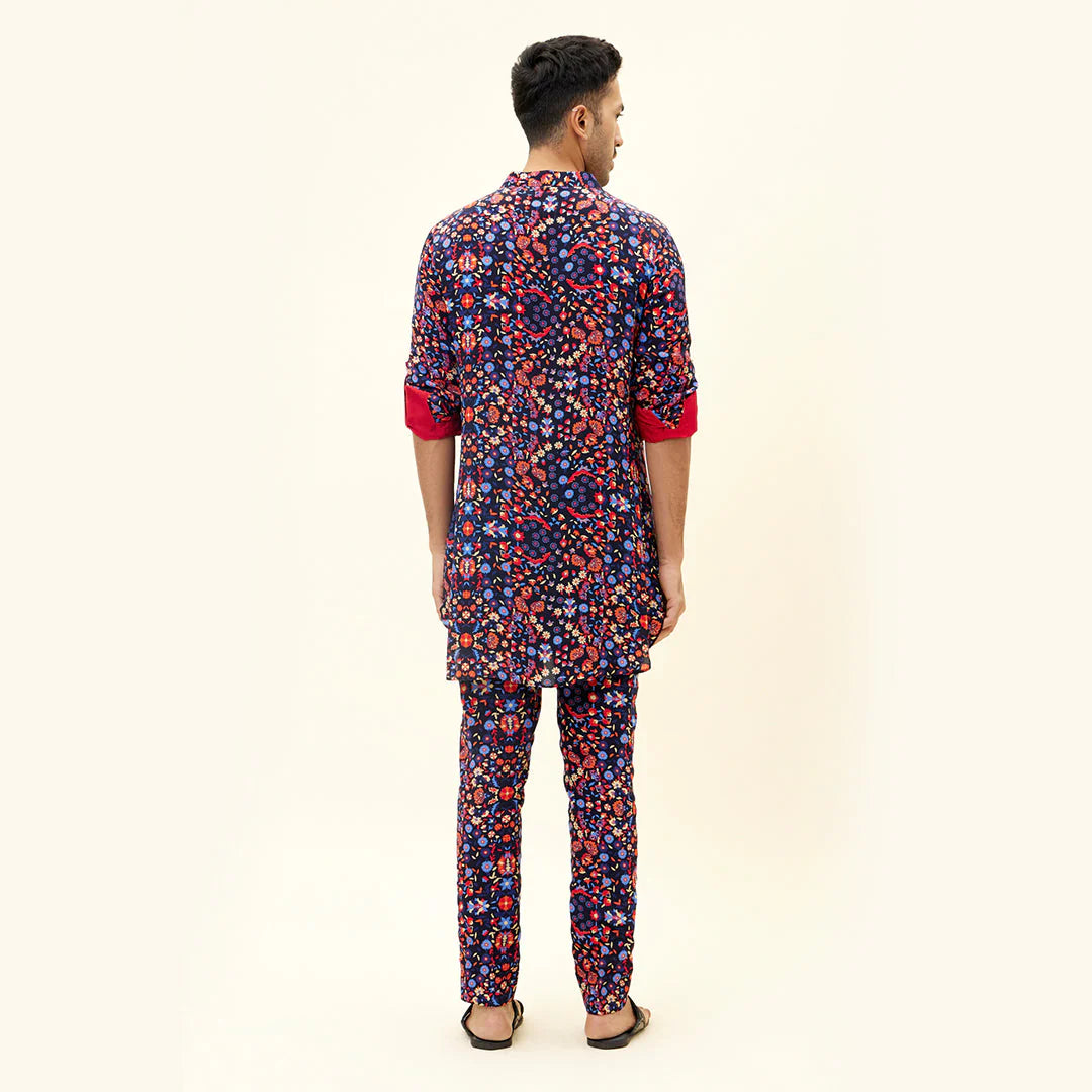 RASA BLUE JAAL PRINT SHORT SHIRT STYLE KURTA WITH PANTS