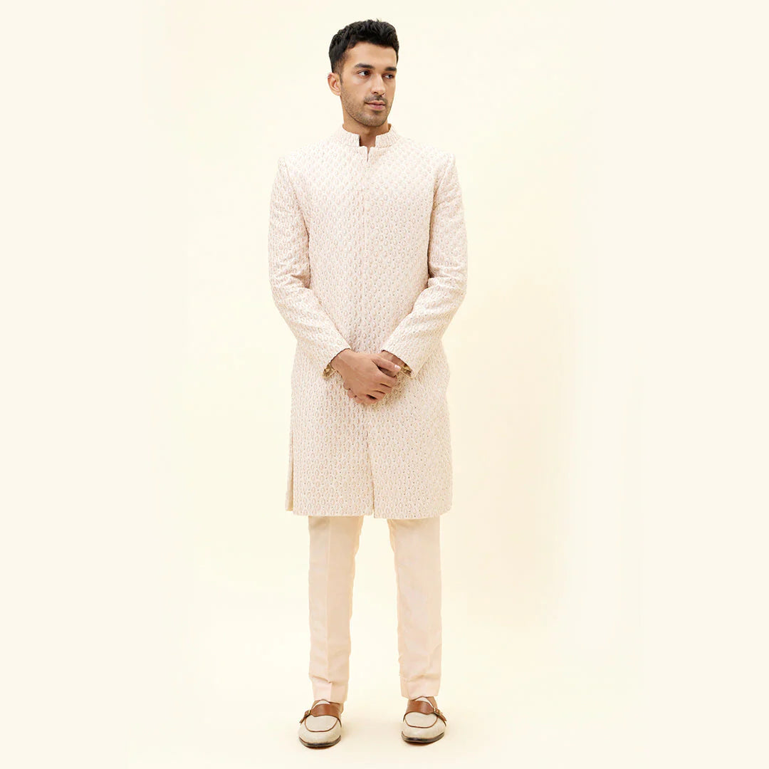BEIGE SHERWANI WITH DROP DESIGN EMBROIDERY AND PANTS