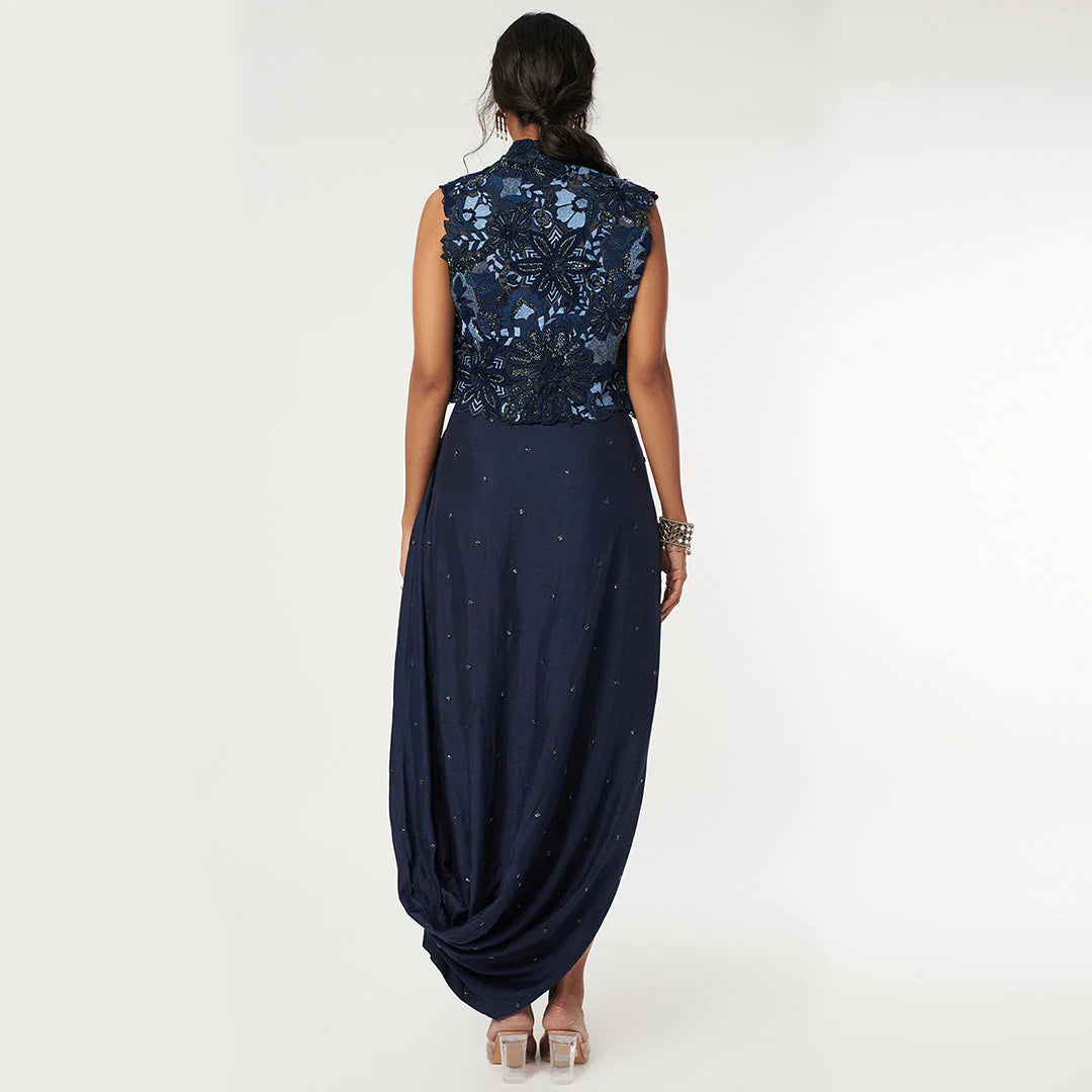 DEEP BLUE HEAVY EMBROIDERED ORGANZA JACKET WITH EMBROIDERED BUSTIER AND HIGHLITED DRAPE SKIRT
