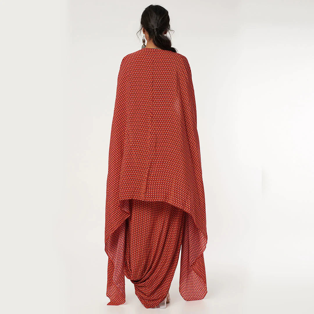 RED LEAF PRINT DRAPE SKIRT WITH ARYA BUSTIER AND CAPE